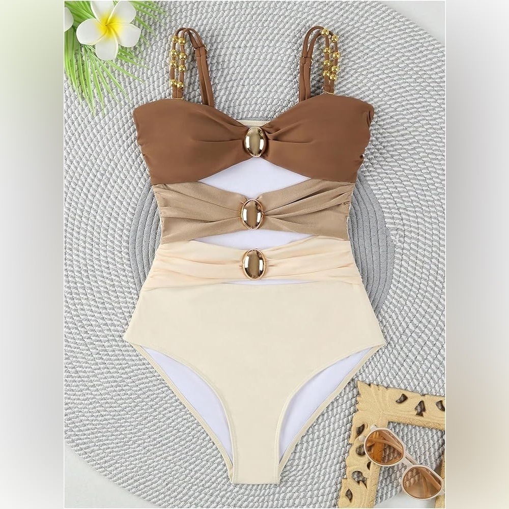 Floerns Women's Colorblock Cut Out Front One Piece Swimsuit Tummy Control Large